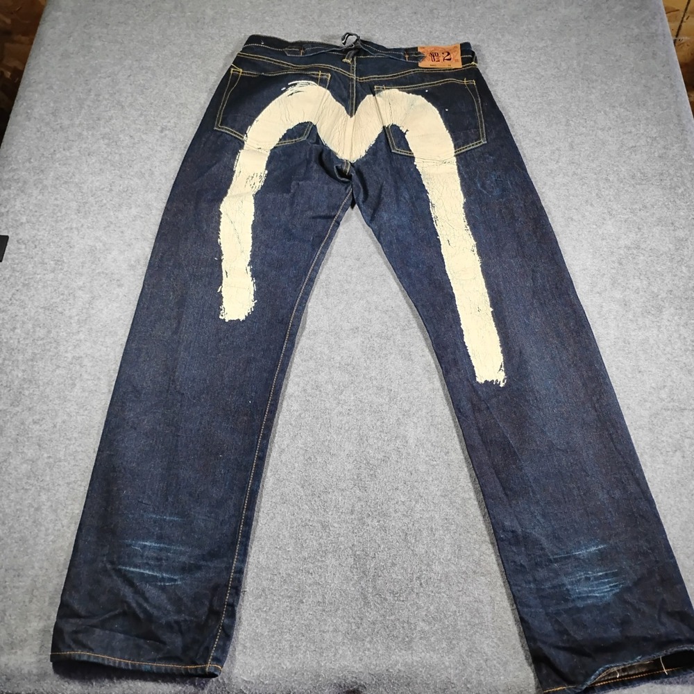 Evisu Indigo Genes Mens Straight Leg Raw Denim Jeans Dark Blue Size 36x34